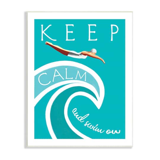Stupell Industries Keep Calm Swim On Phrase Female Diver Blue Wave Wall Plaque